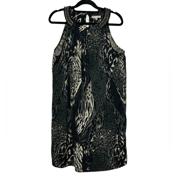 Sandra Darren Black/Green Animal Print Beaded Neckline Sleeveless Dress Sz 16W - Picture 1 of 5